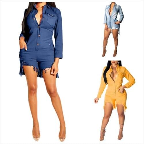 Women Denim Sexy Jumpsuit Romper 2020 Autumn Female Long Sleeve Jeans Bodycon Bodysuit Overalls Plus Size женские комбинезоны