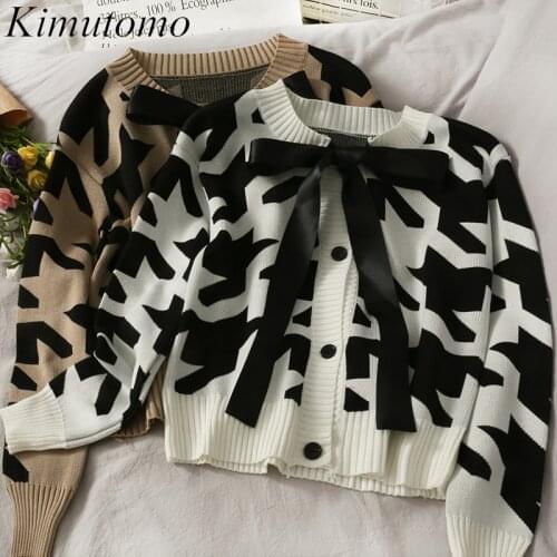 Kimutomo Casual Bow Lace Up Cardigans Women 2021 Spring Autumn Korean Style Ladies Print O-neck Single Breasted Top New