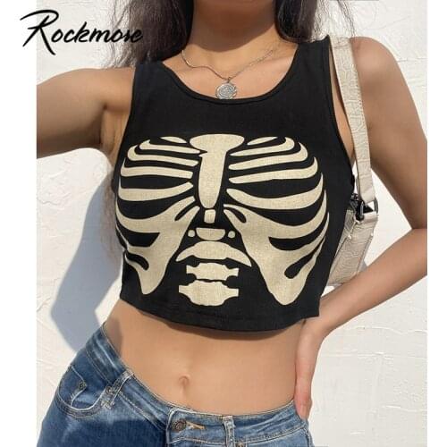 Rockmore Gothic Print Tank Top Sexy Corset Top Summer Slim Cropped Tee Shirts Y2K Camisole Female Punk 90s Vintage Skull Bustier