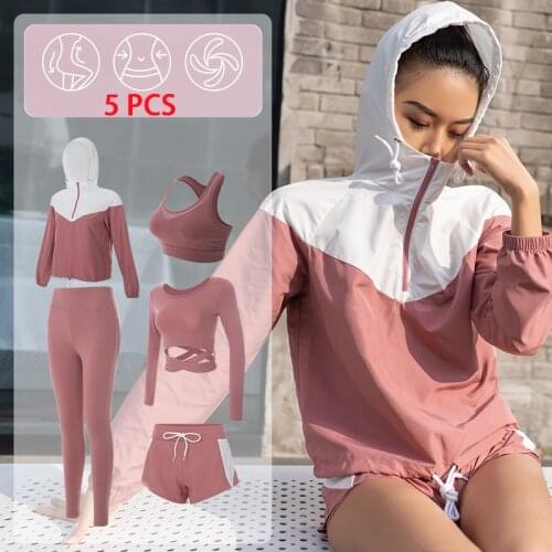 5 Piece Women Yoga Suit Sport Coat+Bra+Top+Leggings+Pants Long Sleeve Female Fitness Wokout Running Gym Set Training Clothing