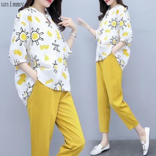 Womens Floral Printed Two Pieces Suits Set with Pants Summer Middle Aged Mother Short- Sleeved Chiffon Fashion Racksuit W239