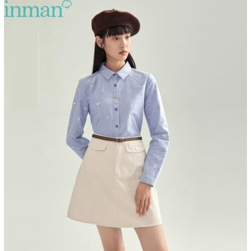 INMAN Spring Autumn Womens Top Fresh Cute Small Embroidery Pointed Collar Shirt Loose Long Sleeve Buttons Casual Blouse