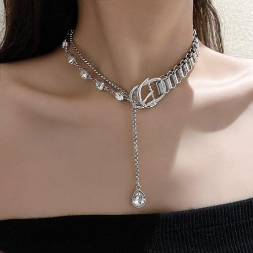 Minar Trendy Shiny Rhinestone Belted Asymmetric Necklaces for Women Silver Color Metal Chunky Chain Layed Chokers Necklace Gift