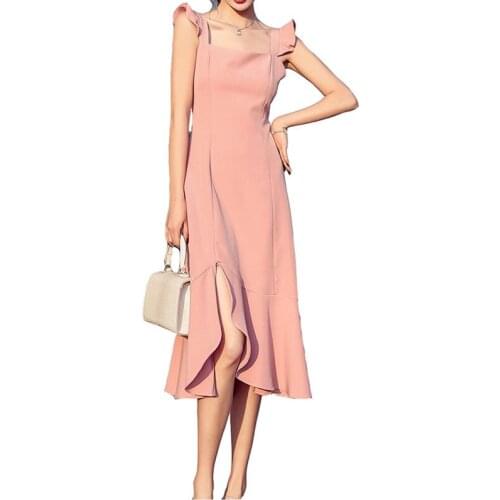 2021 Summer New Style Temperament Waist Womens Fishtail Dress Elegant Strap Ruffled Solid Color Sleeveless Women Dresses NBH137