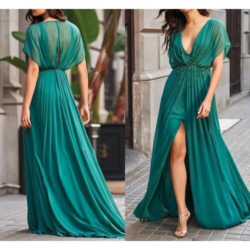 Fashion Hunter Green V Neck Short Sleeve Chiffon Evening Dresses 2020 Beads Split Formal Banquet Gown Prom Dress robe de soiree