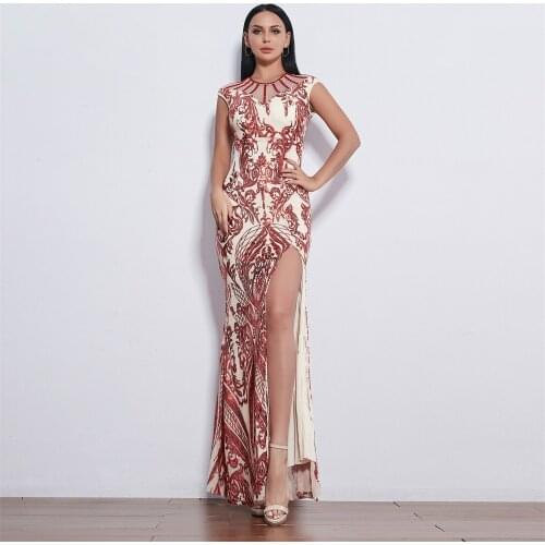 New Fashion Elegante Style Sequined Prom Party Long Dress Top Quality Sexy Women Night CLub High Slit Fashion Vintage Dresses