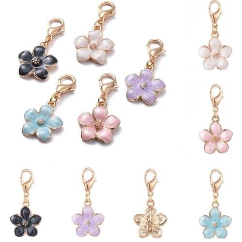 100Pcs Gold Plated Metal Enamel Flower Pendants Charms With Lobster Clasp For Keychain Necklace Earring Dangle Jewelry Making
