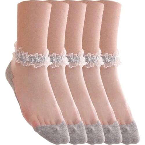 5 Pcs Women Ultra Thin Lace Ankle Socks Silk Transparent Sheer Crystal Cute Lolita Floral Elastic Summer Breathable Short Socks