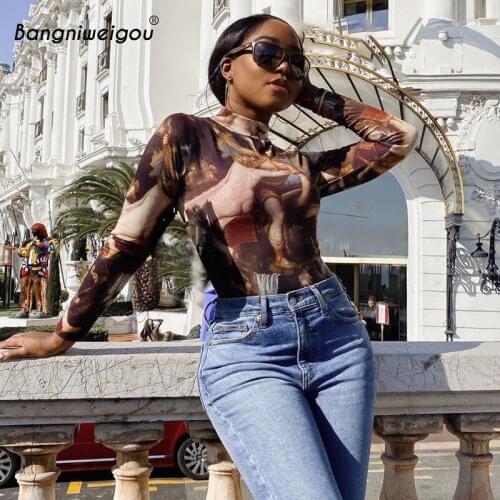 Bangniweigou Autumn Winter Bodice Turtleneck Vintage Print Long Sleeve Bodysuit Women Clothes Sexy Rompers Outfit