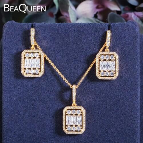 BeaQueen Lovely Square Drop Earrings Pendant Necklace Baguette Cubic Zirconia Fashion Yellow Gold Color Women Jewelry Sets JS269