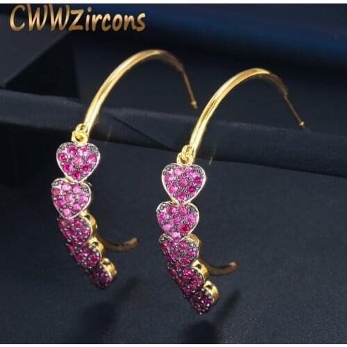 CWWZircons Half Round Rose Red Cubic Zirconia Crystal Dangling Drop Love Heart Shape Charms Gold Hoop Earrings for Ladies CZ752