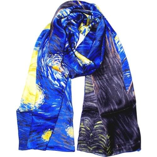 Women Long Natural 100% Silk Scarf Famous Art Printing Bandana Shawl Hand Rolled Vincent Van Goghs - Starry Night In Blue
