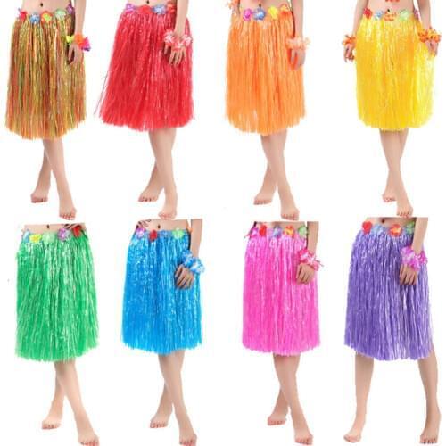 Hawaiian Costume Plastic Fibers Women Grass Skirts Hula Skirt With Flower Ladies Dress Up Cheerleading 10 Color