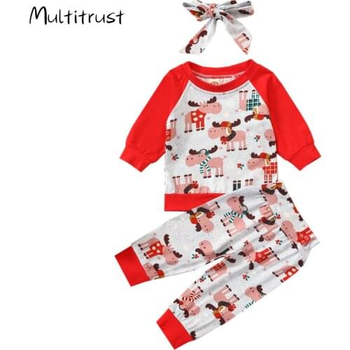 2020 Christmas Outfits Suits Long Sleeve Cartoon Printed Shirt Top + Long Pant + Headband 3PCS Clothes Sets 0-24M