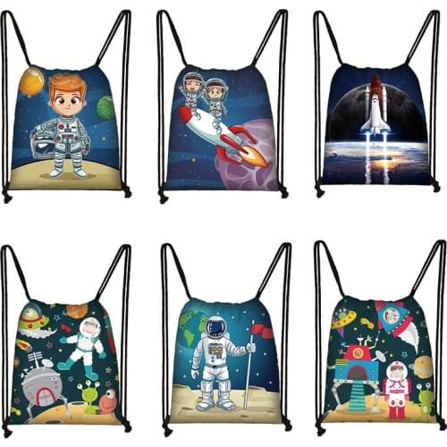 Space Astronaut Print Drawstring Bag Rocket Galaxy Childrens School Backpack Youth Storage Bag Gift