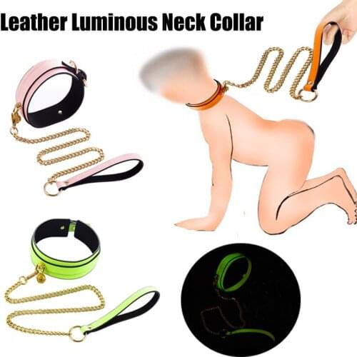 Leather Luminous Pet Pup Collar Neck Restraint Strap With Chains Leash For BDSM Slave Bondage Fetish Dog Roleplay Erotic Sex Toy