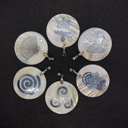 Round Pearl Shell Printing Pendant, Different Styles of Metal Design Decoration, Used for DIY Necklace Accessories
