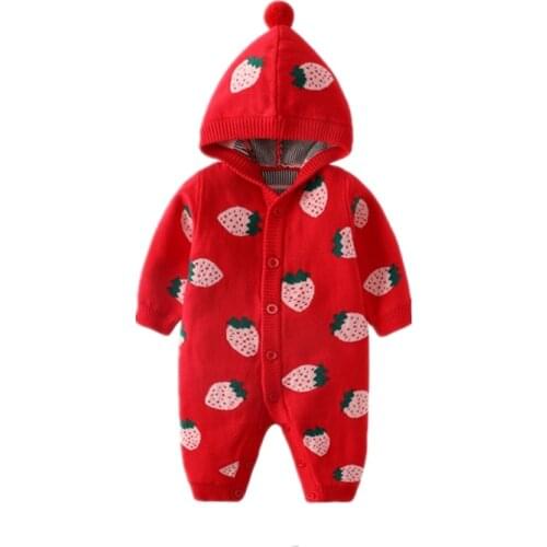 Lovely Strawberry Baby Costume Long Sleeve Thick Autumn Winter Clothes Baby Girl Hooded Sweaters Coat Front Button Open Rompers