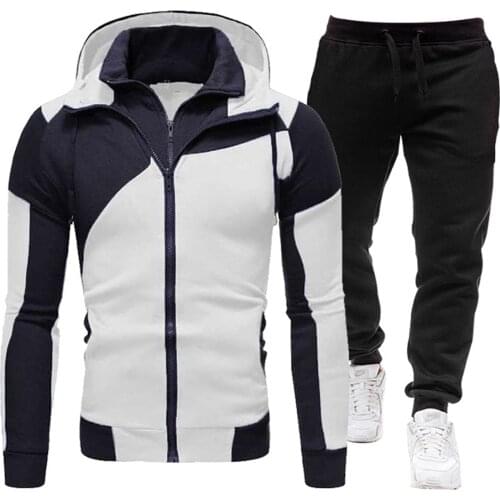 Men Tracksuits Autumn and Winter Sports Stitching Long-sleeved Hooded Tops Jackets and Trousers Casual Sports Run Mens Suit