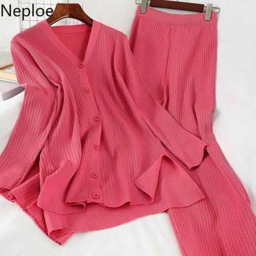 Neploe 2020 New Knitted Two Pieces Sets Single Breasted V-neck Long Sleeve Knitwear + High Waist Wide Leg Pants Women Suit 4A430