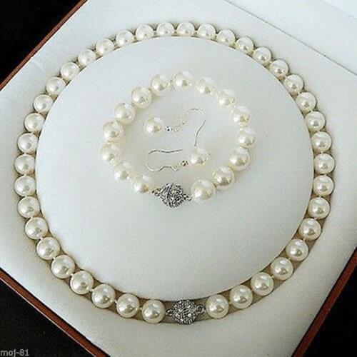 Nobility Lucky Women White 10mm Akoya Shell Pearl Necklace Bracelet Earring Set AAA 18" 8" Grade hook collares kolye