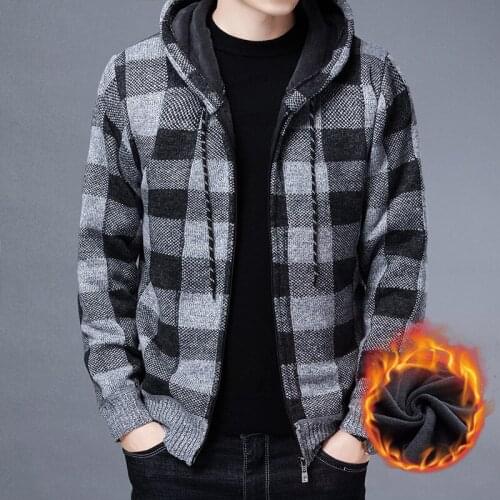 2021 Autumn Winter Thick Warm Hooded NEW Mens Sweater Plaid Wool Sweater Men Cardigan Jumpers Zipper Fleece Coat Casual Male