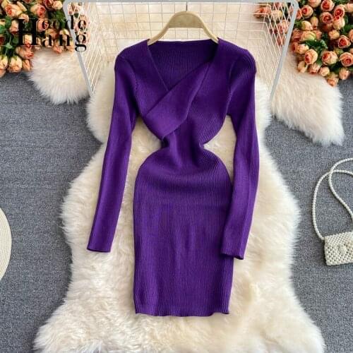 HangCode 2021 New Autumn Sexy Cross V-neck Knitted Bodycon Dress Slim High Waist Office Style Ladies Dresses Outfits Clothing