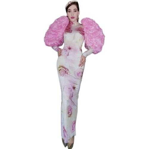Sexy Long Sheath Birthday Party Dresses Women Rose Flower Pattern Puff Sleeve Pink Dancer Show Dress Performance Stage Costume