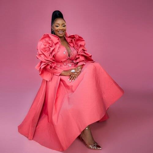 Plus Size Bead Prom Dresses Ruffle Shoulder Deep V Cut Full Sleeves Fantastic Pink Prom Dress To Party Vestido De Fiesta