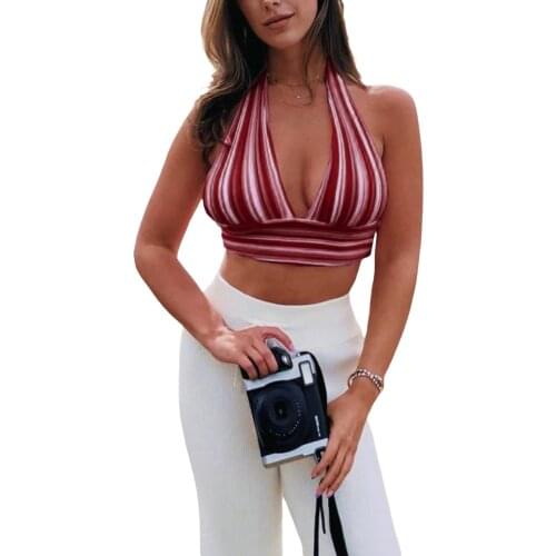 Summer Women Casual Backless Halter Crop Cami Camisole Sexy Sleeveless Striped Print Tie Back Knitted Tank Tops