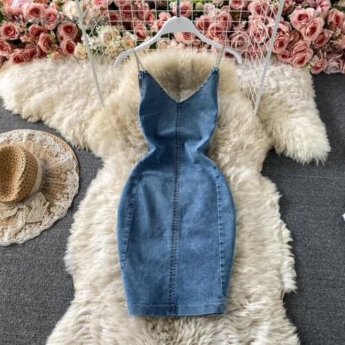 High Quality 2021 Summer Fashion Women Denim Dress Sleeveless Backless Diamond Slim Straps Denim Jeans Dress Vestidos