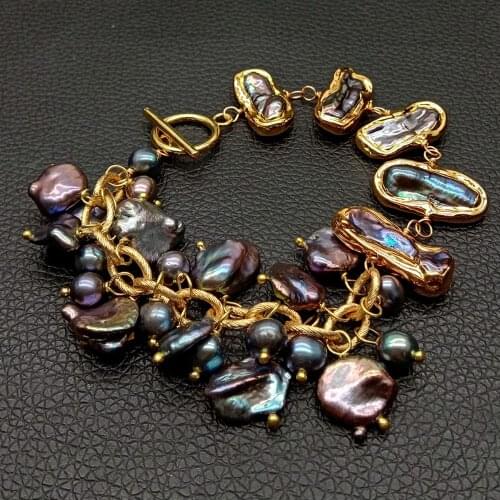 YYGEM Vintage Style natural Black Top-Drilled Keshi Pearl Biwa freshwater Pearl Gold Filled Wrap Bracelet 8"