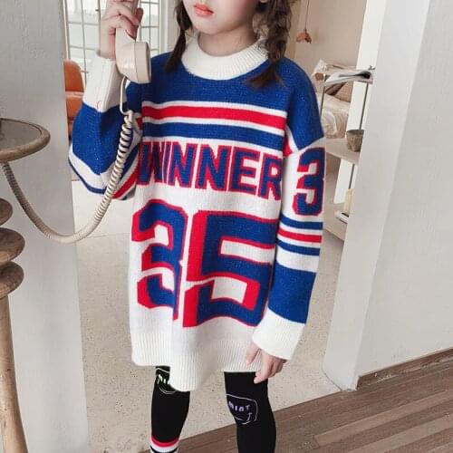 5-12 years Autumn children clothing Korean color-blocking pullover skirt long sweater fashion Number 35 kids girl winter sweater