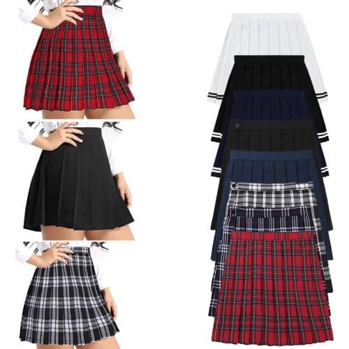 Womens Girls School Uniforms Pleated Skirts Mini Navy Blue Skirt School Girls High Waisted A-line Plaid Pleated Cosplay Costumes