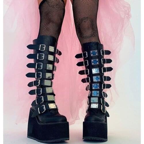 Brand Design Black Big Size 35-43 Cool Punk Motorcycles Boots Female Platform Wedges High Heels Calf Boots Women Shoes