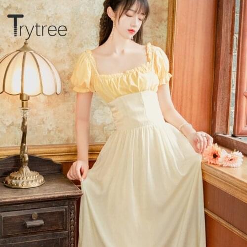 Trytree 2020 Summer Women Two piece set Casual Square Collar Vintage Solid Top + Sling Dress A-line Mid-Calf Set 2 Piece Set