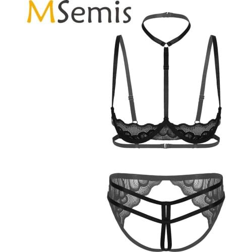 Women Sissy Lace Sheer Exotic Lingerie Sets Halter Strappy Bra with Crotchless Hole G-string Underwear Ladies Sexy Costume