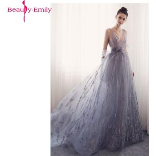 Beauty Emily Long Evening Dresses 2020 V-Neck A-line Sleeveless Backless Bride Dresses Formal Occasion Party Prom Dresses