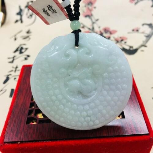Zheru pure natural Jadeite carved light green double dragon amulet pendant with green bead chain sweater chain certificate