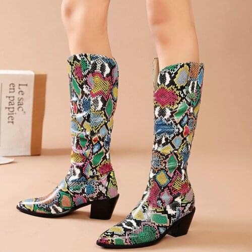Winter Womens Shoes Calf Mid-tube Boots Printed PU Snake Print Ladies Boots Flat Heel Western Boots Fashion High Heels Autumn