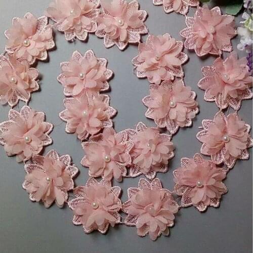 50x Pink Flower Chiffon Pearl Embroidered Lace Trim Ribbon Fabric Handmade DIY Sewing Craft For Costume Hat Shoes Decoration