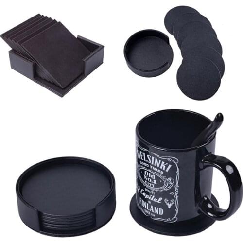 6Pcs Round Square Coasters Non-slip Heat-resistant Marble Leather Placemat Cup Mat Coffee Pad Set With Storage Box Kitchen Gadge