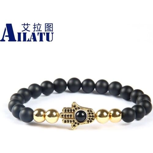 Ailatu Powerful Jewelry Wholesale 8mm Matte Onyx Stone with Black Cz Fatima Hand Hamsa Beaded Bracelet