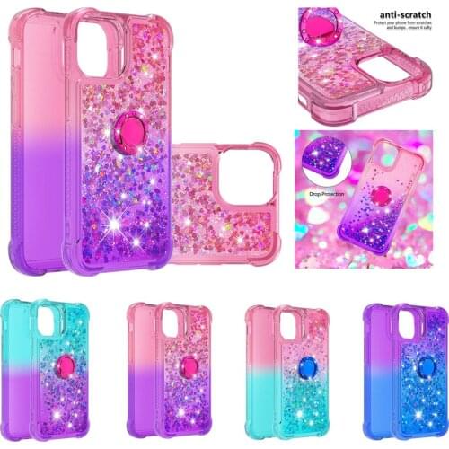 Ring Holder Phone Case for iPhone 13 12 Mini 11 Pro Max XS XR X 8 7 6S Plus SE 2020 Gradient Dynamic Quicksand Glitter Cover