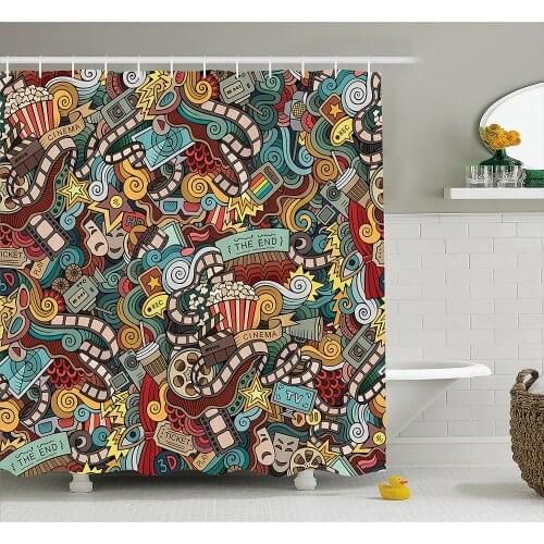 Doodle Shower Curtain Cinema Items Combined in an Abstract Style Popcorn Movie Reel The End Theatre Masks Fabric Bathroom Decor