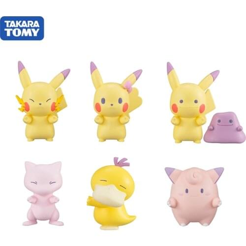Takara Tomy 6PCS/set Pikachu Eevee Action Figure Pokemon Big Head Doll Sleep Elf Series Ball Children Toy Gifts