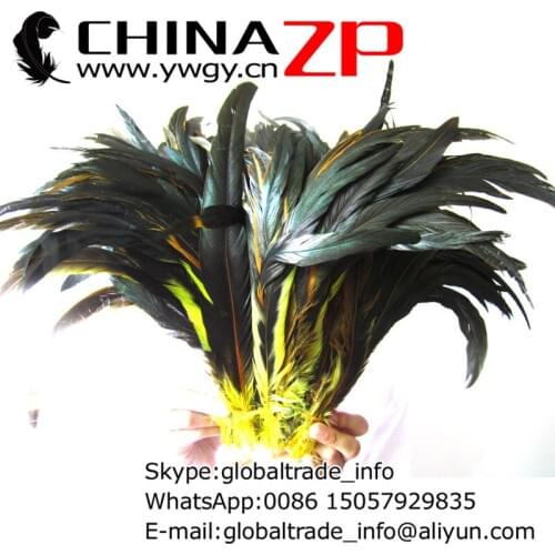 CHINAZP Factory Retail and Wholesale 100pieces/lot 30~35cm(12~14inch) Length Unique Dyed Yellow and Natural Rooster Tail Feather