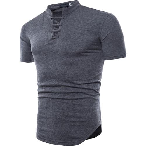 Fashuion New Summer Short Sleeve T Shirt Men Casual Stand Color Solid Color T Shirts Drawstring Design Top Man Tees Dropshipping