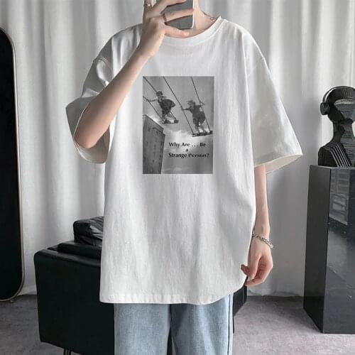 Mens oversized T-shirt casual street cartoon pattern daily wear half-sleeved round neck plus size mens short-sleeved shirt top