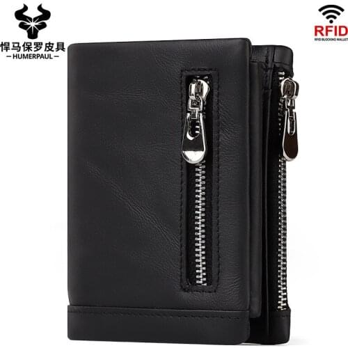 HOT Genuine Crazy Horse Cowhide Leather Men Wallet Three Fold Anti RFID Vintage Wallets High Quality Designer Coin Purse New